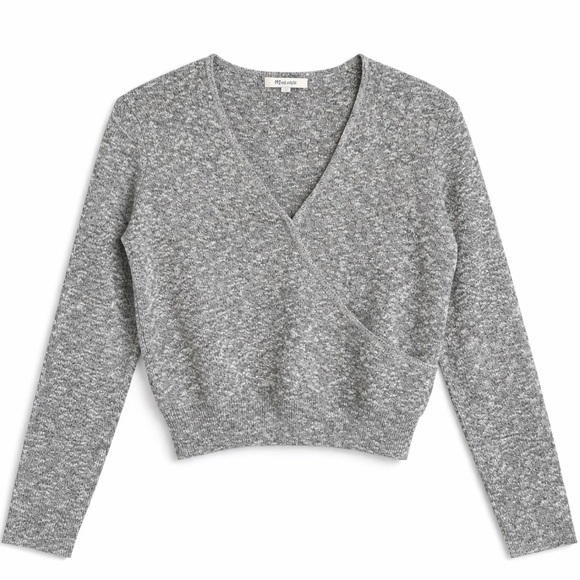Madewell Gray Faux Wrap Ribbed Cropped Sweater Long Sleeve Size Small - Picture 3 of 7